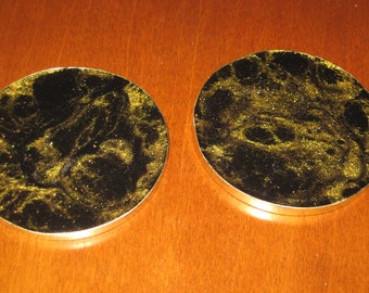 Hand crafted Set of 2 Resin Coasters Black and Gold  Marbled