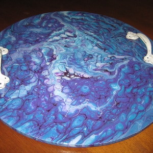 Hand crafted Fluid Art Pour Painting Wood / Resin Serving Tray Turquoise Purple
