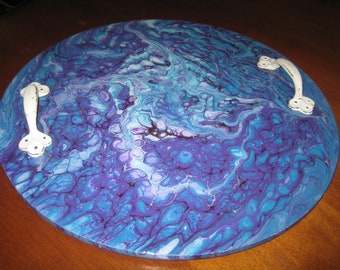 Hand crafted Fluid Art Pour Painting Wood / Resin Serving Tray Turquoise Purple