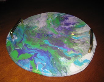 Hand crafted Wood / Resin Serving Tray Purple Green Turquoise