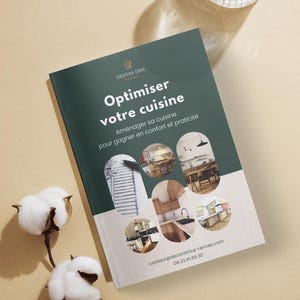 May include: A green brochure titled "Optimiser votre cuisine" with images of kitchen interiors. The brochure offers tips on how to design a kitchen for comfort and practicality. Contact information is provided at the bottom.