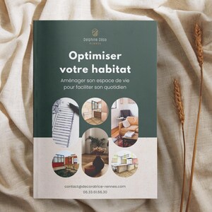 Puede incluir: Un folleto verde con el título "Optimiser votre habitat" e imágenes de proyectos de diseño de interiores. El folleto incluye la información de contacto de Delphine Déco Rennes.
