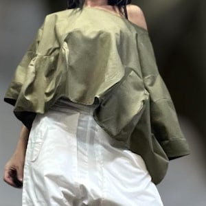 Handmade Olive Green Cotton Cropped Tunic: Avant Garde Sculptural Top