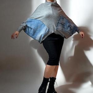 Deconstructed Cotton Tunic: Denim Accents, Oversize Long Sleeve Top
