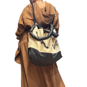 Handmade Large Tote Bag – Beige Canvas & Black Eco Leather with Hand-Painted Abstract Art