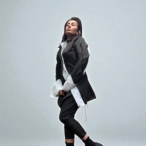 Deconstructed Neoprene Blazer, Avant Garde Black Jacket, White Contrast Details