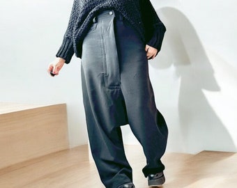 Gothic Steampunk Black Pants: Deconstructed Avant-Garde Cotton Trousers