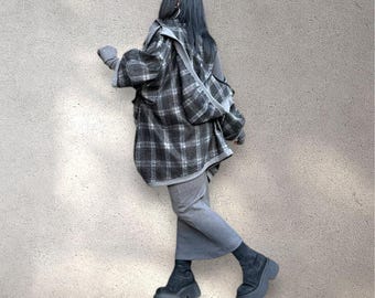 Asymmetrical Wool Hoodie Cardigan: Grey Plaid Avant-Garde Coat