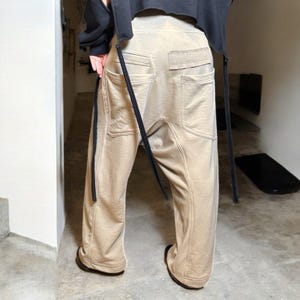 Handmade Beige Drop Crotch Pants: Asymmetrical Cotton Trousers
