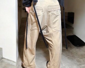 Handmade Beige Drop Crotch Pants: Asymmetrical Cotton Trousers