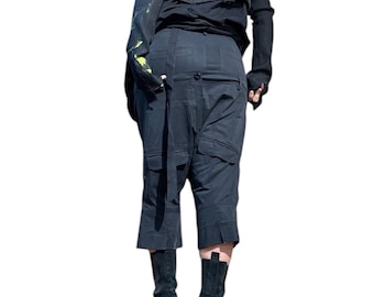 Deconstructed Drop Crotch Pants, Avant Garde Double Waistband, Plus Size Cotton Trousers