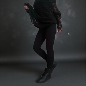 Black Avant-Garde Mesh Tunic Dress – Asymmetric Shoulder, Long Sleeve, Deconstructed Knit image 11