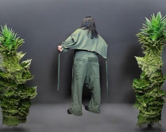 Green Cotton Avant-Garde Set: Asymmetrical Crop Top & Wide Leg Pants