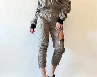 Beige Avant Garde Cargo Pants: Asymmetrical Cotton Streetwear