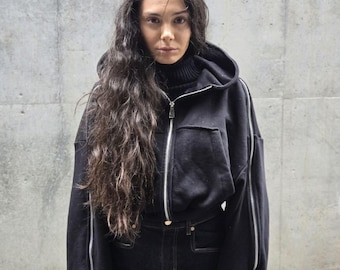 Sudadera negra de estilo vanguardista con capucha y mangas con cremallera, sudadera extragrande deconstructiva, ropa urbana unisex de algodón.