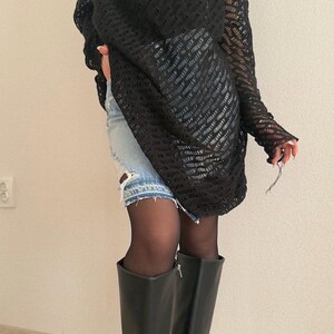 Black Avant-Garde Mesh Tunic Dress – Asymmetric Shoulder, Long Sleeve, Deconstructed Knit image 8