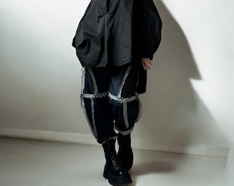 Gothic Steampunk Asymmetric Shirt - Black Loose Deconstructed Top, Oversize Avant-Garde Long Sleeve Jersey