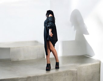 Asymmetrical Black Tunic Dress: One Shoulder, Avant Garde Cotton