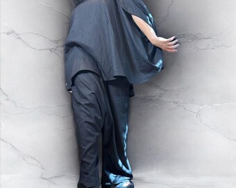 Tunique oversize en lin noire : chemisier asymétrique fait main, grande taille