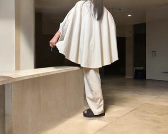 Deconstructed Linen Set: Beige Asymmetric Top & Wide Leg Pants