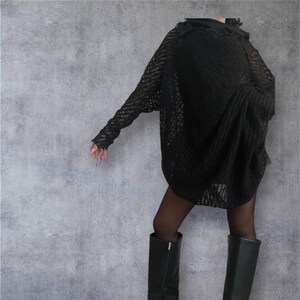 Black Avant-Garde Mesh Tunic Dress – Asymmetric Shoulder, Long Sleeve, Deconstructed Knit image 12