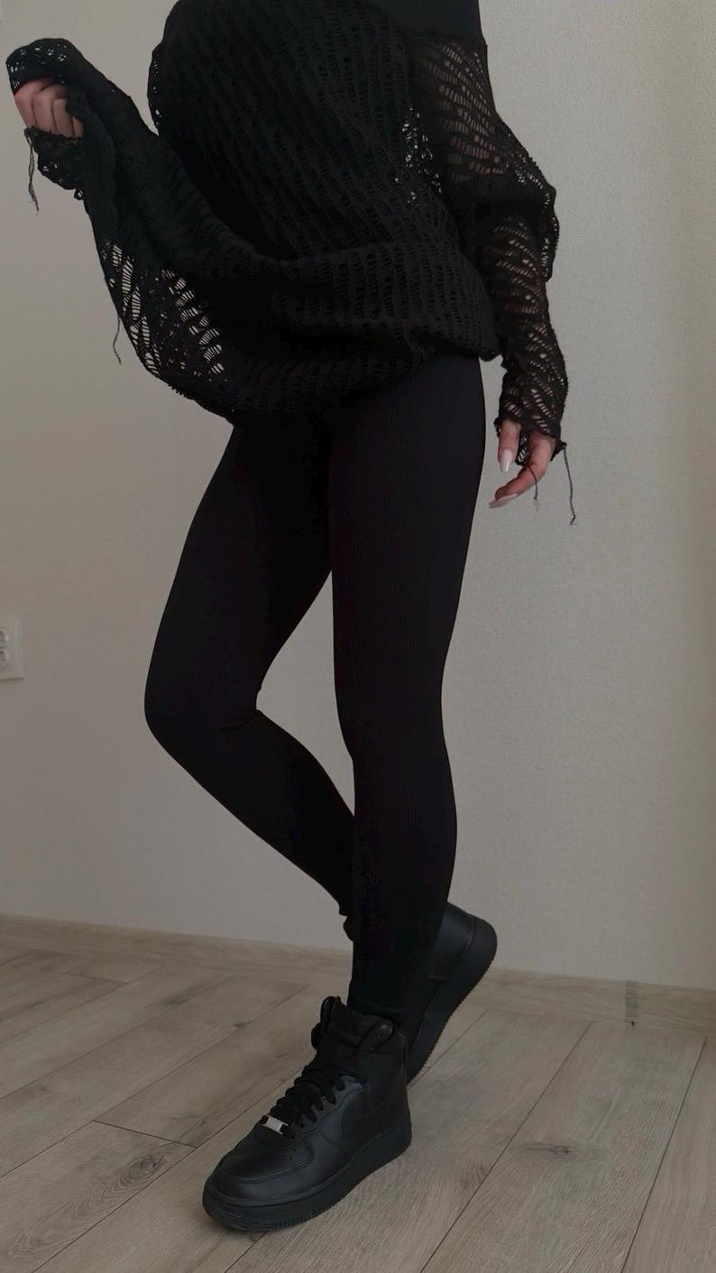 Black Avant-Garde Mesh Tunic Dress – Asymmetric Shoulder, Long Sleeve, Deconstructed Knit image 7