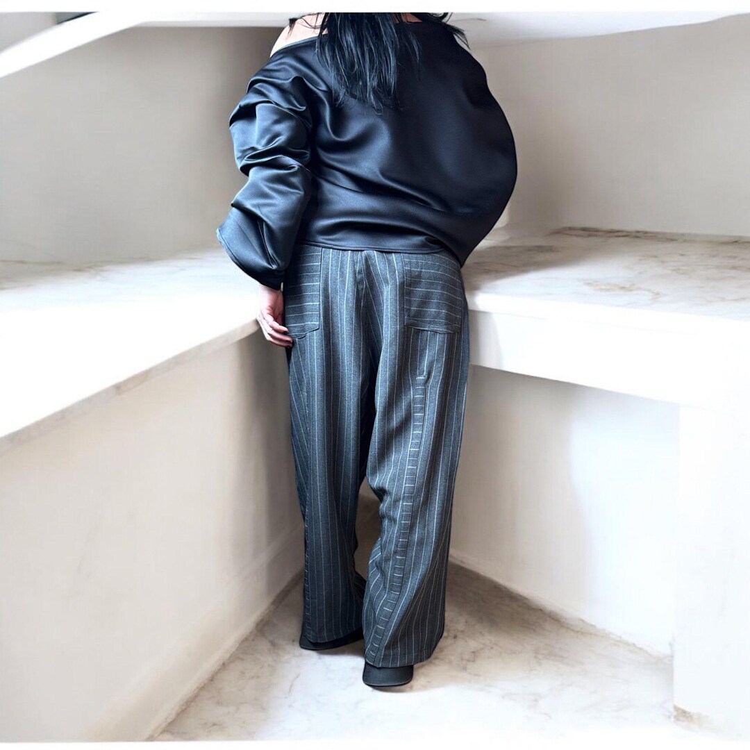 Pinic Pattern Pants Gothic Steampunk Pinstripe Pants: Asymmetric Deconstructed Cotton ...