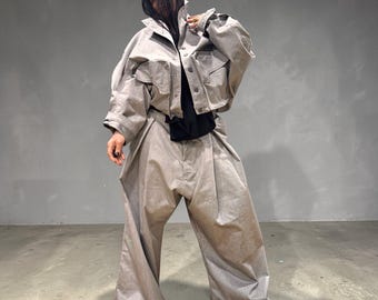 Deconstructed Denim Set: Light Gray Avant-Garde Outfit, Plus Size