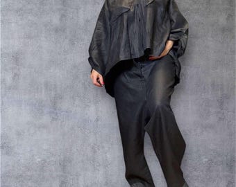 Black Linen Two-Piece Set: Handmade Open Back Shirt & Harem Pants