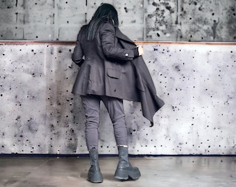 Avant Garde Asymmetrical Black Jacket: Gothic Extravagant Trench Coat