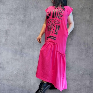 Pink Cotton Jersey Maxi Dress: Handmade Abstract Print Boho Dress