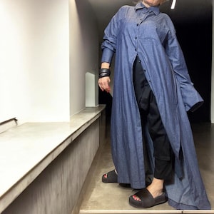 Plus Size Asymmetrical Denim Shirt Dress: Deconstructed Maxi, Minimalist Style