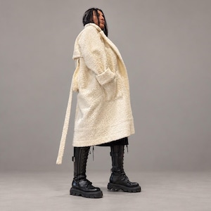 Ivory Boucle Wool Coat, Oversized Deconstructed Coat with Statement Back Pocket