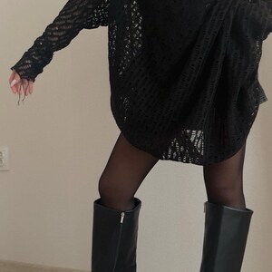 Black Avant-Garde Mesh Tunic Dress – Asymmetric Shoulder, Long Sleeve, Deconstructed Knit image 10