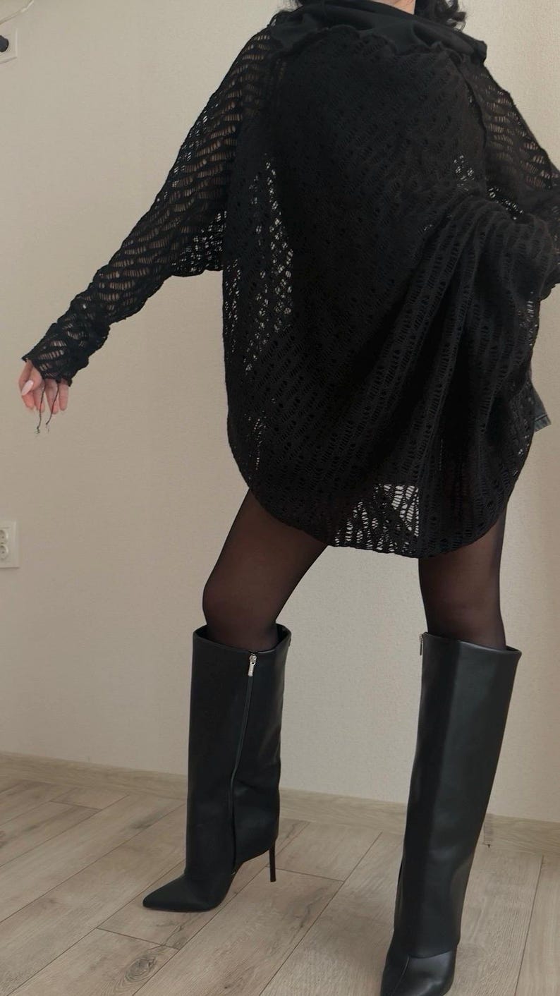 Black Avant-Garde Mesh Tunic Dress – Asymmetric Shoulder, Long Sleeve, Deconstructed Knit image 10