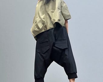 Low Crotch Black Cargo Pants: Avant Garde Oversized Cotton Trousers