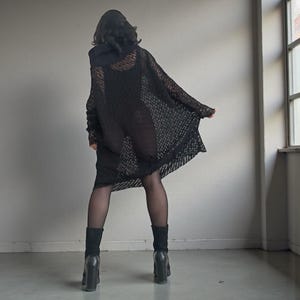 Black Avant-Garde Mesh Tunic Dress – Asymmetric Shoulder, Long Sleeve, Deconstructed Knit image 1
