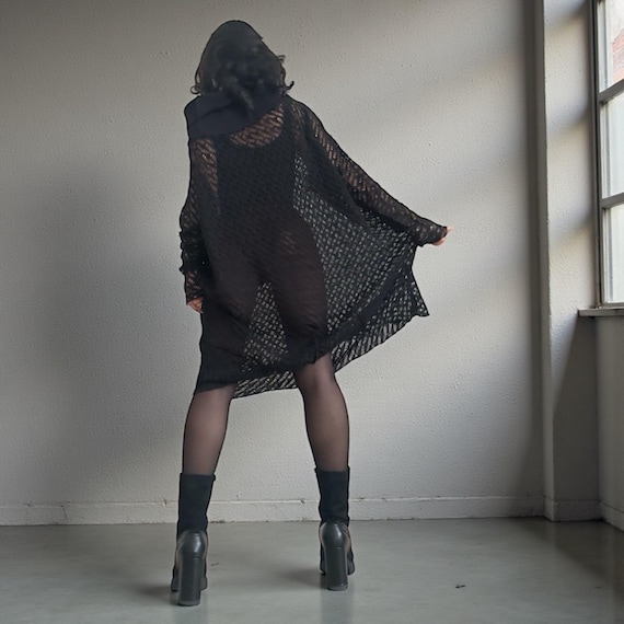 Black Avant-Garde Mesh Tunic Dress – Asymmetric Shoulder, Long Sleeve, Deconstructed Knit
