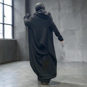 Avant Garde Black Hooded Cardigan Coat: Oversized Asymmetrical Knit Jacket