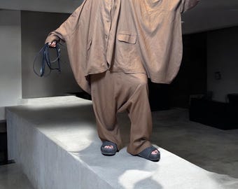 Brown Linen Set: Deconstructed Oversized Shirt & Wide Leg Pants - Minimalist Boho