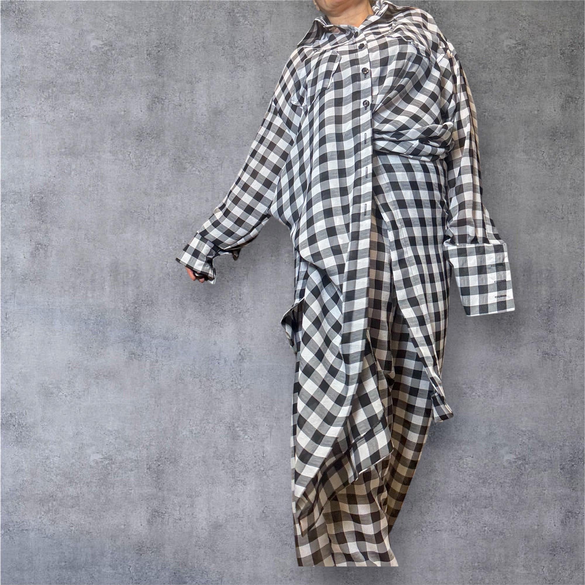 Avant Garde Chiffon Shirt Dress: Black White Gingham Asymmetrical Artwear