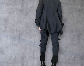 Avant Garde Black Jacket | Deconstructed Blazer with Hanging Threads | Comfortable Oversized Asymmetrical Coat