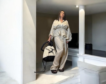 Plus Size Linen Set: Boho Open Back Shirt & Drop Crotch Pants