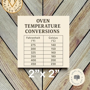 May include: A beige oven temperature conversion chart with black text. The chart lists Fahrenheit and Celsius temperatures, with conversions from 275°F to 450°F. The chart is 2 inches by 2 inches. The background is a light brown wood pattern.