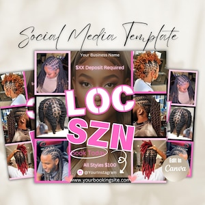 Puede incluir: Una plantilla de redes sociales rosa y blanca para un estilista de locs. La plantilla presenta el texto "LOC SZN" en letras grandes y en negrita. También se incluye el texto "Reservar hoy", junto con el precio de 100 € para todos los estilos. La plantilla también incluye el texto "Editar en Canva".