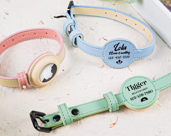 Custom Leather Pet Collar with Engraved AirTag Holder