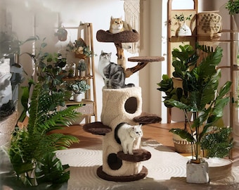 Wooden Cat Condo for Indoor Use, Large Modern Cat Cabinet with Shelves, Pet Furniture with Play Bridge, Sleeping Nooks & Climbing Ladder