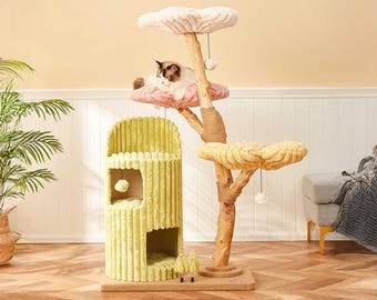 Wooden Cat Condo for Indoor Use, Large Modern Cat Cabinet with Shelves, Pet Furniture with Play Bridge, Sleeping Nooks & Climbing Ladder