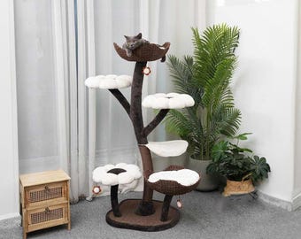 Wooden Cat Condo for Indoor Use, Large Modern Cat Cabinet with Shelves, Pet Furniture with Play Bridge, Sleeping Nooks & Climbing Ladder