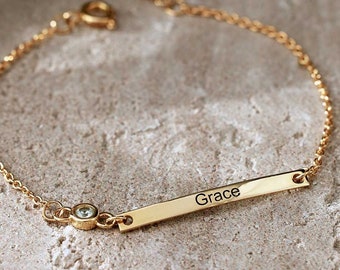 Personalised Birthstone Bracelet, Engraved Bracelet, Minimalist Bracelet, Birthday Gift, Mom Gift for Grandma, Mothers Day Gift for Her